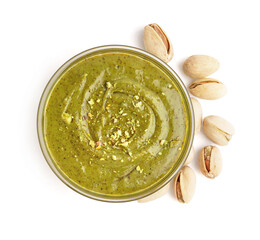 Wall Mural - tasty pistachio paste in bowl on white background