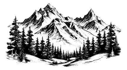 Wall Mural - mountain forest engraving black and white outline