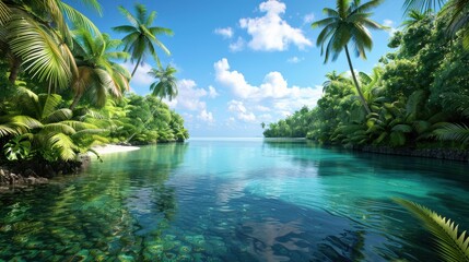 Wall Mural - 3D tropical lagoon with clear water and lush vegetation, 8K clarity, serene and beautiful 