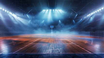 Fototapete - A vacant stadium, basketball court, and sports field with fans and spotlights