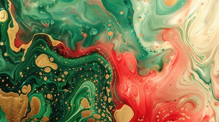 Poster - Background image created using abstract watercolor paint. Features red, green, and golden hues, as well as a liquid, marbled paper texture and banner texture.