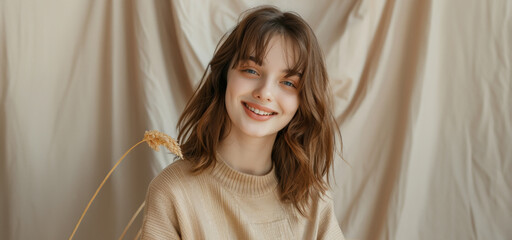 A young woman with a radiant smile and curly hair holds a golden cup against a backdrop of autumn leaves. Her warm clothing and cheerful expression reflect the joy of the season.