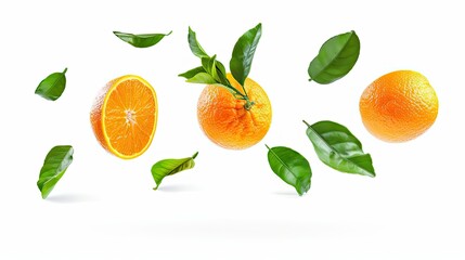 Canvas Print - Flying Oranges and Leaves in White Background