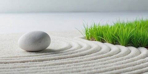 Zen stone grass meditation wellness in white minimalist setting , zen, stone, grass, meditation, wellness, white