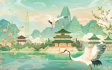 Wall Mural - Mid-Autumn Festival China-Chic Illustrated Ancient Buildings and Cranes in the Lake