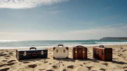 Vintage suitcases waiting on a tropical beach for island vacation