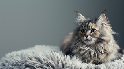 Sticker - Adorable fluffy cat on gray backdrop with room for text