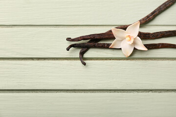 Wall Mural - Beautiful vanilla flower and sticks on green wooden background