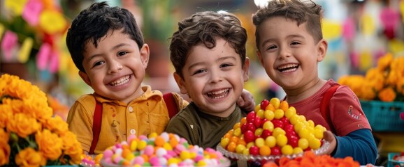 Kids Picking Candies From A Piñata During The Day Of The Dead Celebration, A Festive And Joyful Moment