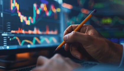 Poster - Hand with Pencil Analyzing Stock Market Charts