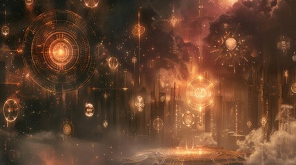 Fototapete - Abstract symbols and glyphs floating in a void, their meanings shrouded in mystery, waiting to be deciphered by the curious observer. 32k, full ultra HD, high resolution