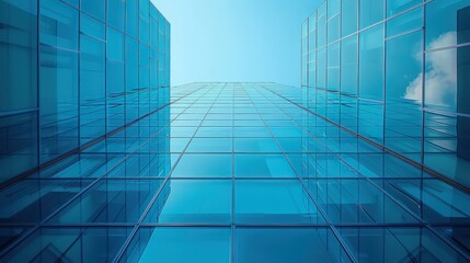 Wall Mural - A modern glass building with a clear sky background, featuring clean lines and symmetrical architecture.