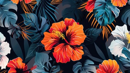 Poster - an abstract floral pattern with large, stylized flowers and leaves, using bold and bright colors on 