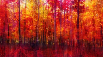 Poster - an abstract interpretation of a forest in autumn, with vivid reds, oranges, and yellows blending tog