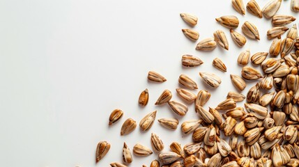 Wall Mural - Nutritious roasted sunflower seeds on white background high in oil for energy a healthy snack option with copy space