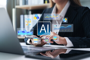 Businesswomen leverage artificial intelligence to analyze market data to identify target audiences and business growth trends, crafting effective marketing strategies and gaining a competitive edge.