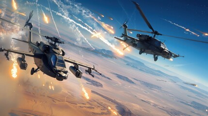 Sticker - A dramatic scene of two Attack Helicopters AH-64 Apaches engaged in a fierce aerial duel over a desert battlefield Smoke trails