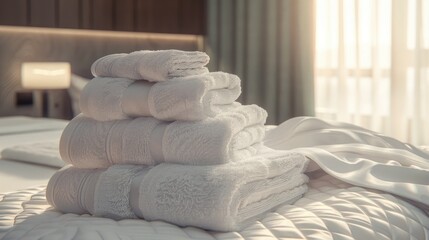 Canvas Print - Pile of white bath towels on bed in modern hotel room, blank space