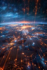 Poster - A global map with pulsating beams of light representing major data arteries, converging on cloud hubs