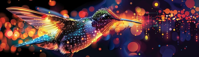 Poster - a vibrant, colorful digital illustration of a hummingbird in flight, surrounded by abstract lights a
