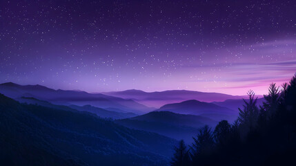 Wall Mural - A serene evening over a mountain range with stars beginning to twinkle in the purple sky