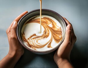 Wall Mural - A person is holding a white coffee cup with a swirl of brown liquid in it. Concept of warmth and comfort, as the person is holding the cup close to their body