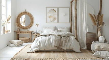 Canvas Print - Coastal-inspired bedroom with white walls, a rattan area rug, a canopy bed, driftwood mirror, seashell decor, and ocean-themed artwork