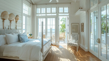 Canvas Print - Coastal bedroom with white beadboard walls, a four-poster bed, seashell decor, hardwood floors, and French doors opening to a balcony overlooking the sea