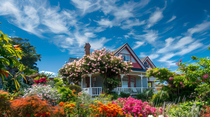 Wall Mural - Coastal bungalow from the beachside garden in spring, colorful blossoms and a clear blue sky