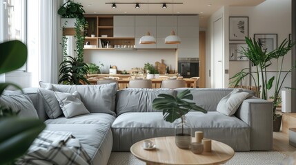 Gray sofa, wood tables, white chairs, plants in open living-dining space interior.