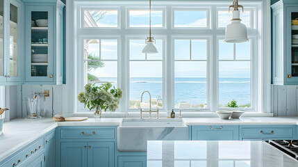 Wall Mural - Coastal kitchen with blue cabinets, a farmhouse sink, panoramic windows, and a marble countertop