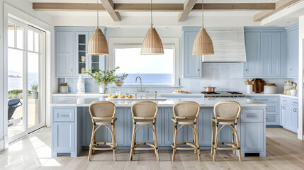 Wall Mural - Coastal kitchen with light blue cabinets, beach-themed decor, rattan bar stools, marble countertops, farmhouse sink, and large windows overlooking the ocean