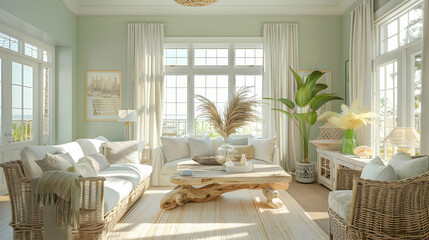 Coastal living room with light green walls, wicker furniture, a driftwood coffee table, nautical decor, airy curtains, and potted plants illuminated by beach sunlight