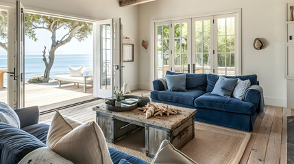 Canvas Print - Coastal retreat: Whitewashed wood floors, nautical accents, a blue velvet sectional, driftwood coffee table, seashell decor, and French doors opening to a beachfront view