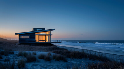 Coastal retreat with sustainable design, twilight glow highlighting beachfront windows, and waves gently lapping nearby