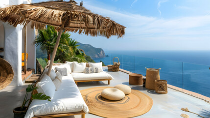 Wall Mural - Coastal villa terrace with palm-thatched umbrella and panoramic views of the turquoise sea