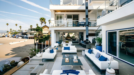 Wall Mural - Contemporary beach house with white terraces, blue accents, and tiered decks overlooking a bustling marina