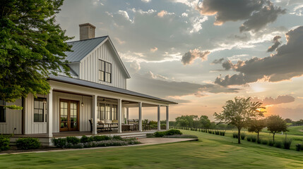 Wall Mural - Contemporary farmhouse luxury home exterior with wrap-around porch, barn doors, and lush greenery under a cloudy sky