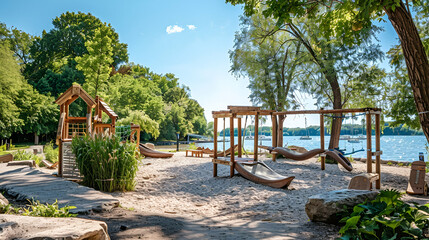 Wall Mural - Riverside play area with wooden forts, sand pits, and kayaks for kids near a scenic waterfront