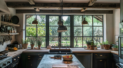 Sticker - Rustic farmhouse kitchen with reclaimed wood beams, farmhouse sink, distressed cabinets, butcher block countertops, vintage pendant lights, and a large garden view window