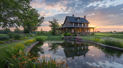 Rustic farmhouse with wraparound porch, blooming flower beds, and a tranquil pond reflecting the surrounding countryside at twilight