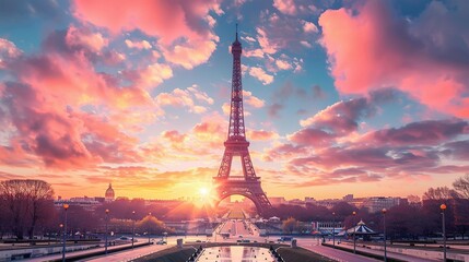 Eiffel Tower Silhouetted Against a Pink Sunset Sky