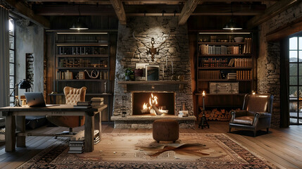 Sticker - Rustic living room with a cozy workspace, featuring a wooden desk, warm lighting, a leather armchair, and a stone fireplace