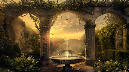 Wall Mural - Rustic stone archways surrounded by lush gardens and a bubbling fountain, with birds chirping under a golden sunset sky