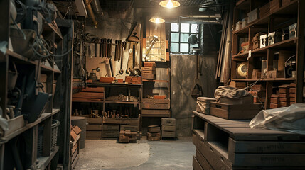 Wall Mural - Rustic warehouse storage with wooden crates, dim lighting, tools hanging on walls, and dusty shelves filled with vintage artifacts