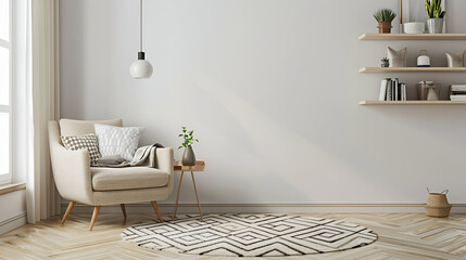 Sticker - Scandinavian-inspired space with a beige armchair, geometric patterned rug, simple wall shelves, and a floor lamp. Soft pastel accents adding warmth