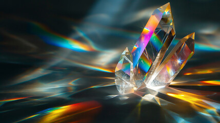 Wall Mural - light refraction through crystal, prismatic effect, black background