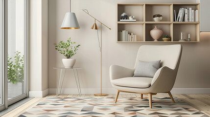 Wall Mural - Scandinavian-inspired space with a beige armchair, geometric patterned rug, simple wall shelves, and a floor lamp. Soft pastel accents adding warmth