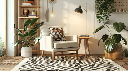 Wall Mural - Scandinavian-inspired space with a beige armchair, geometric patterned rug, simple wall shelves, and a floor lamp. Soft pastel accents adding warmth