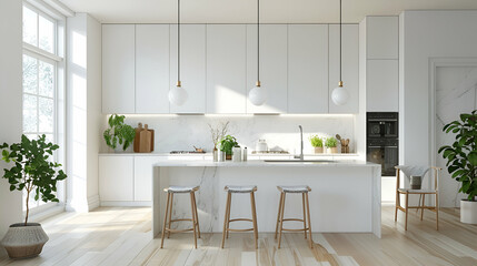 Wall Mural - Scandinavian kitchen with white walls, light wood floors, minimalist furniture, sleek pendant lights, marble island, and indoor plants for a touch of greenery